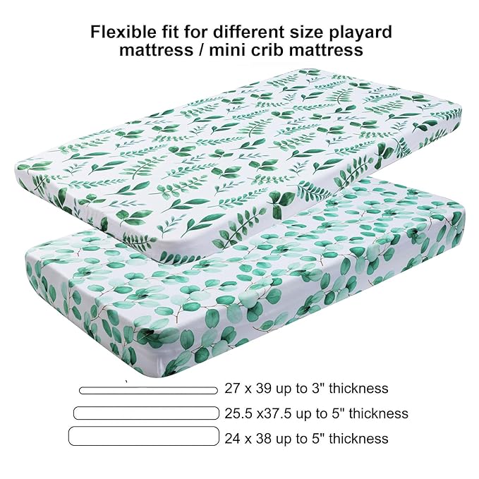 Onacosht Pack n Play Sheets 2 Pack for Baby Unisex, Stretchy Jersey Knitted Portable Mini Crib Sheets Playard Mattress Cover for Baby Boys and Girls, Watercolor Green Botanical Leaf