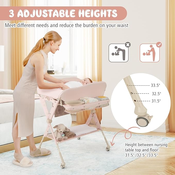 BABY JOY Portable Baby Changing Table, Foldable Diaper Changing Station w/Wheels, Adjustable Height, Large Storage Rack, Water Basin, Safety Belt, Mobile Nursery Organizer for Newborn Infant (Pink)