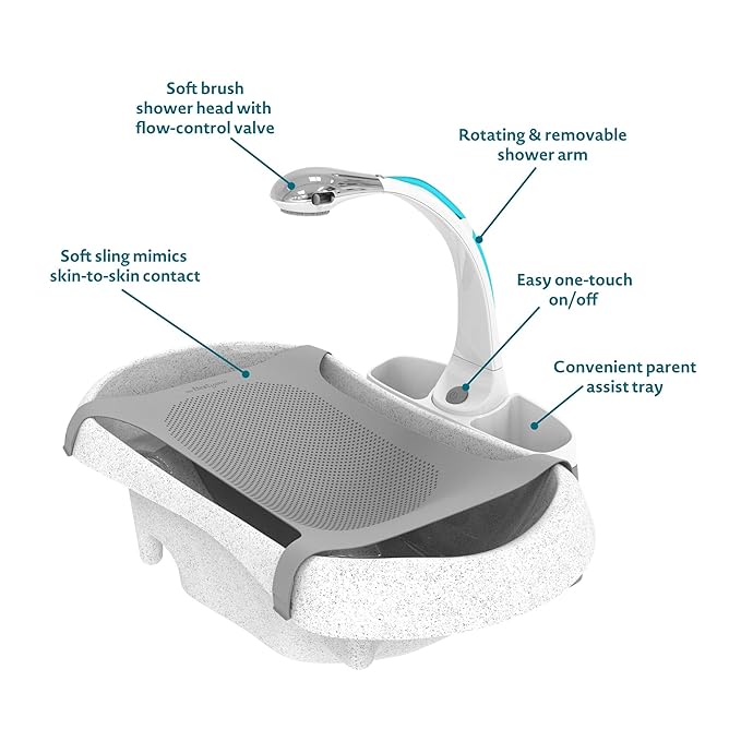 The First Years Rain Shower Baby Bathtub Set - Includes Infant Sling, Soothing Spray Shower Head, Fresh Water Tank and Built in Soft Brush - 3 in 1 Grow with Me Design - Baby Bath Essentials