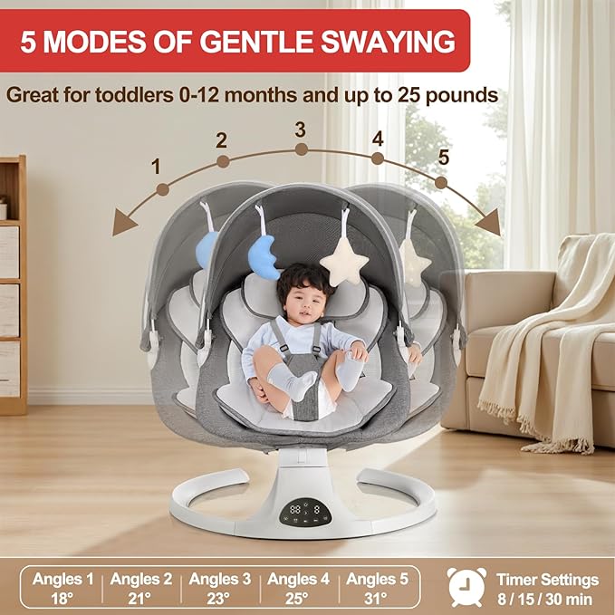 Baby Swing for Newborn to Toddler, 5 Speed Portable Infant Swing with Bluetooth Touch, Remote Control, 10 Lullabies, Timer, 5 Point Harness and Soft Fabric (Grey)