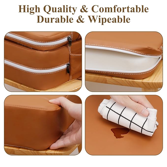 Toddler Booster Seat for Dining Table, Non-Slip Kitchen Chair Booster Seat with Backrest and Adjustable Straps, Portable PU Waterproof Travel Baby Booster Increasing Cushion