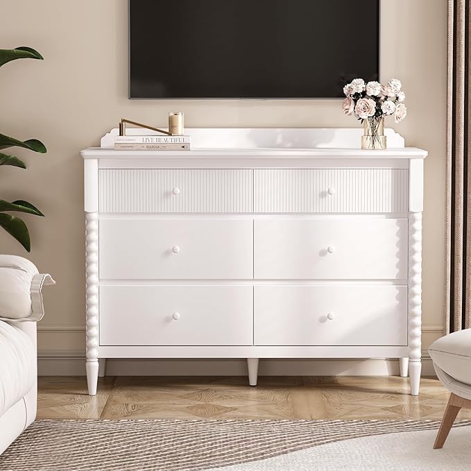 6 Drawer Dresser, Kids Dresser with Storage, Wide Chest of Drawers for Nursery, Wood Large Drawer Organizer Cabinet for Bedroom, Living Room, White