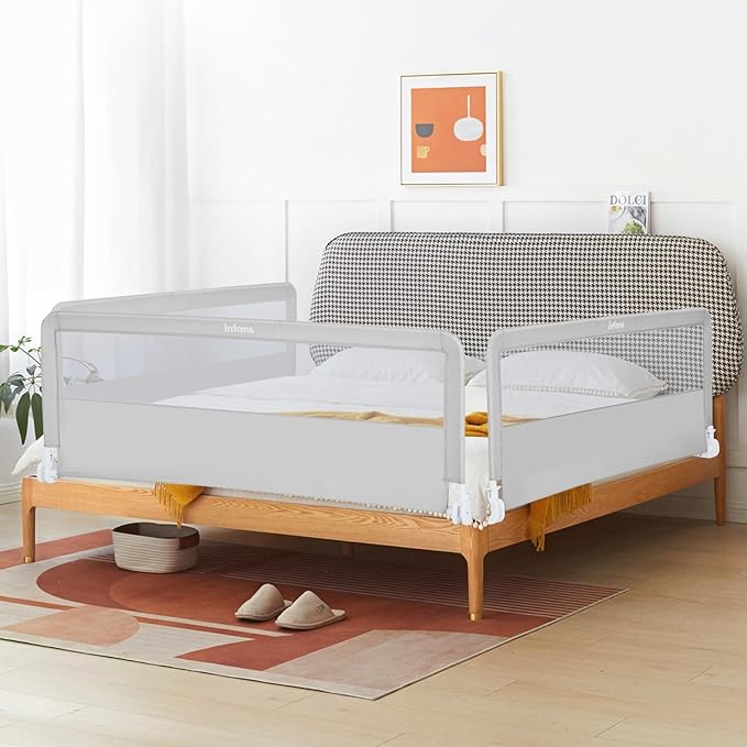 INFANS Bed Rail for Toddlers, 58" Foldable Safety Baby Crib Rail Fit for Kids Twin, Extra Long Swing Down Bed Guardrail for Convertible Crib, Queen, Full, King Mattress Side Guard (Light Gray)