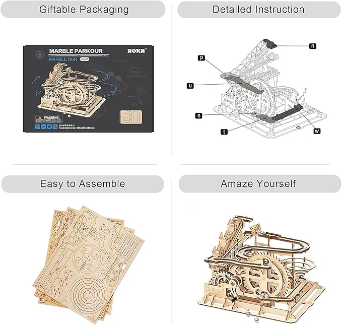 ROKR 3D Wooden Puzzles Marble Run Set - Mechanical Model Kit for Adults DIY Roller Coaster Toys Gifts for Boys/Girls (Marble Parkour)