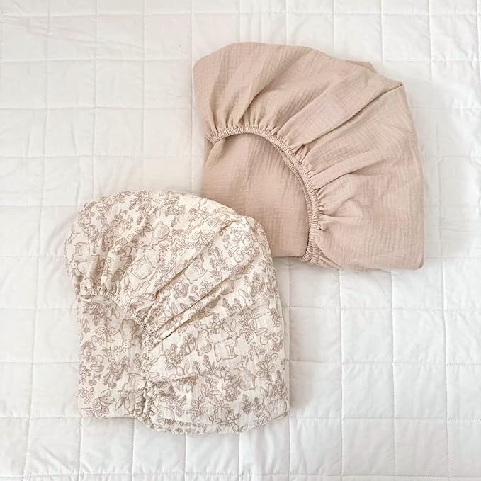 BuLuTu 2 Pack Muslin Crib Sheets for 52"x28" Standard Crib Mattress, Cute Rabbit Print Fitted Crib Sheets for Boys Girls Toddlers, Boho Neutral Soft Cotton Baby Sheets, Beige & Forest