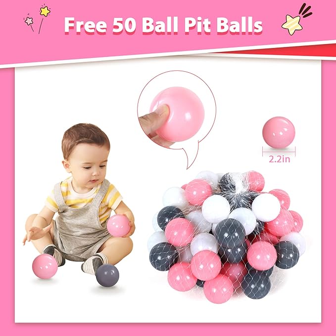 Baby Ball Pit for Toddler with 50 Balls, Kids Pop Up Play Tent for Girls, Princess Toys for Children Indoor & Outdoor Playhouse with Carry Bag (Pink: Pink/White/Gray, 109x90cm/50 Balls)