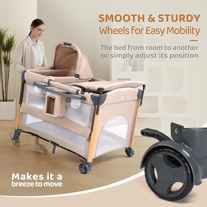 JOYMOR 7 in 1 Bedside Bassinet with Changing Table, All in One Nursery Center, Bedside Sleeper with Mattress, Sheet, Canopy, Storage Shelf (Beige)