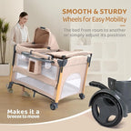 JOYMOR 7 in 1 Bedside Bassinet with Changing Table, All in One Nursery Center, Bedside Sleeper with Mattress, Sheet, Canopy, Storage Shelf (Beige)