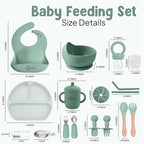 O'doe 17-Piece BPA-Free Silicone Baby Feeding Set | Thick & Soft Suction Plates, Baby Bowls, Wooden Fork & Spoon, and More | Make Mealtime Fun and Easy for Your Little One (Green, V2)