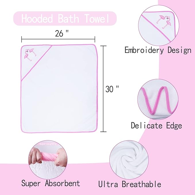 Viviland Baby Towels and Washcloths, Soft Absorbent Baby Girl Bath Towel Set, Flamingos Hooded Towels with 5 Infant Washcloths (6 Pieces)