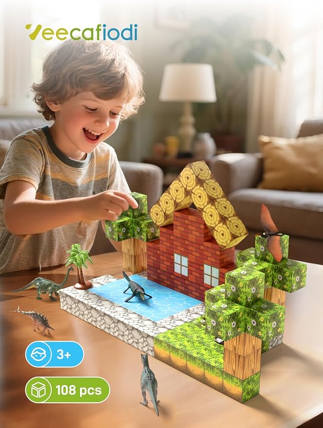 108PCS Magnetic Building Blocks with 6 Dinosaur Toys for Kids 3-5,Toddler World Magnetic Cubes ,STEM Toys for 4-8 5-7 Year Old Boys Girls,Sensory Creative Activities Holiday Birthday Party Favor Gift