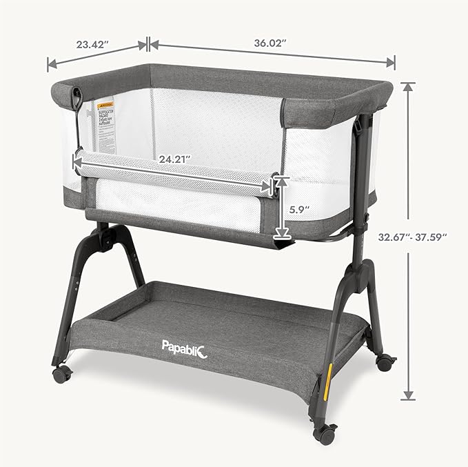 Papablic Baby Bassinet, Bedside Bassinet for Baby with Four-Sided Breathable Mesh & Soft Mattress, Adjustable Bassinet Bedside Sleeper with Storage Basket and Wheels, Easy to Assemble, Gray
