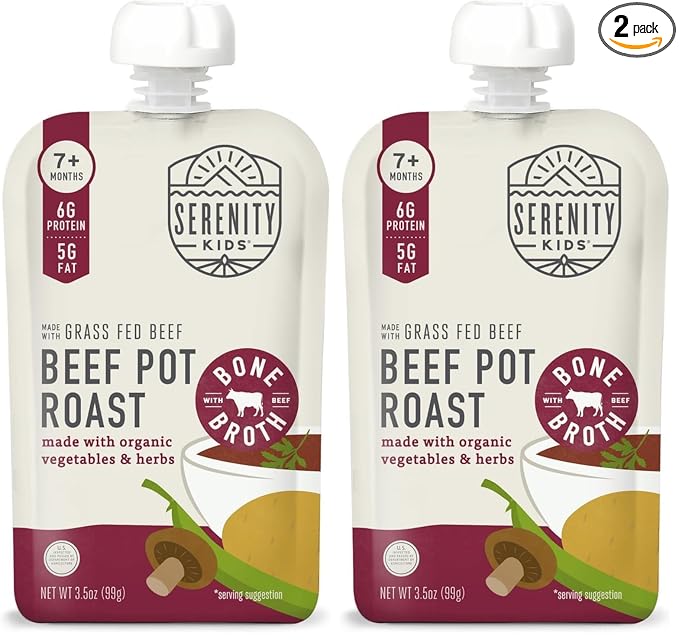 Serenity Kids Bone Broth Puree Made With Organic Veggies | Clean Label Project Purity Award Certified | 3.5 Ounce BPA-Free Pouch | Grass Fed Beef Pot Roast | 1 Count (Pack of 2)