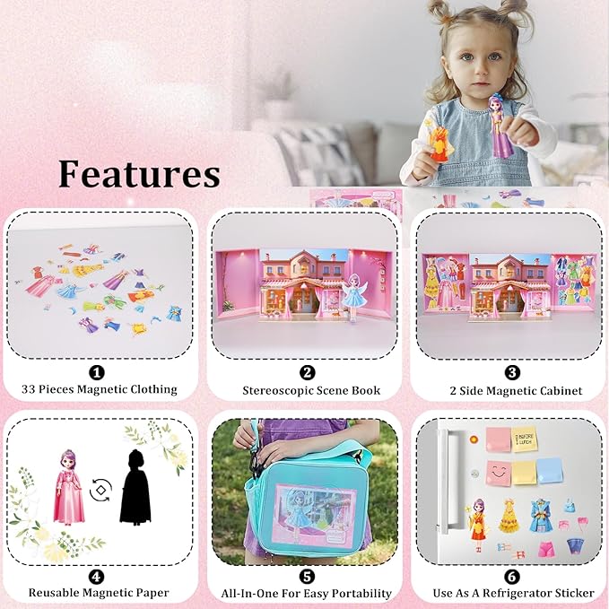Princess Magnetic Dress Up Dolls Games, Magnetic Dress Up Play Set for Girls, Travel Road Trip Airplane Activity Toys with 3D Magnetic Game Scene, Magnetic Paper Dolls for Girls Ages 4-7