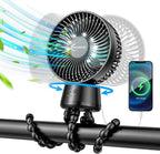 20000mAh Portable Stroller Fan, 120° Auto Oscillation, 3-IN-1 with Power Bank LED Light Detachable Flexible Tripod Rechargeable Battery Powered Clip On Fans Desk for Baby Crib Car Seat Travel