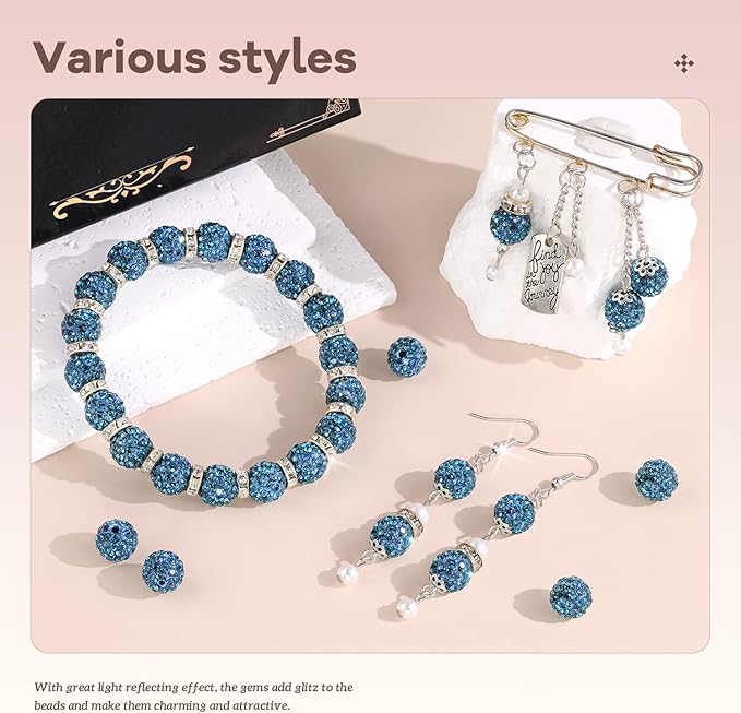105pcs 10mm Rhinestone Beads for Jewelry Making, Blue Zircon Shiny Round Disco Ball Beads Bulk, Sparkle Crystal Clay Christmas for Bracelet Baseball Necklace Earring Crafting and DIY