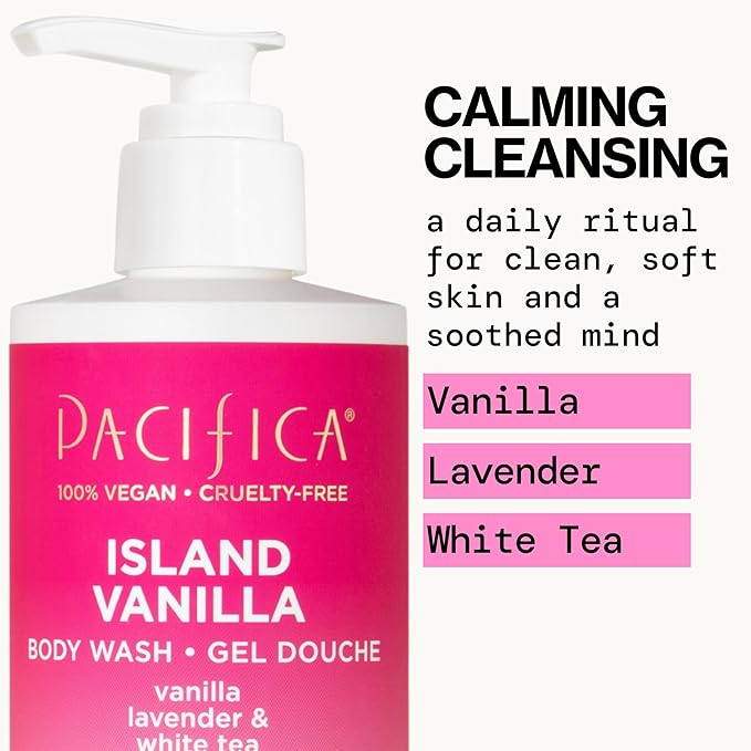 Pacifica Island Vanilla Body Wash Aloe + Hyaluronic Acid, Daily Cleansing, Bath & Shower Gel, Essential Oils, Clean, Vegan + Cruelty & Paraben Free, Clean Beauty Vegan Dermatologist Tested, 12 Fl Oz