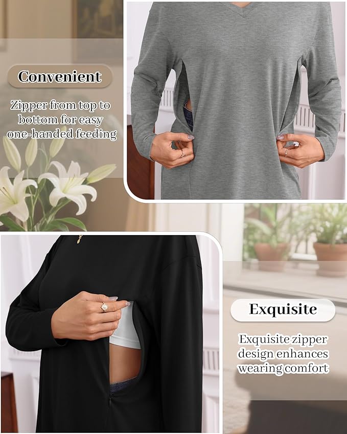 3 Pack Women's Oversize Nursing Shirts for Breastfeeding with Hidden Zippers Loose Fit Long Sleeve Maternity Tops