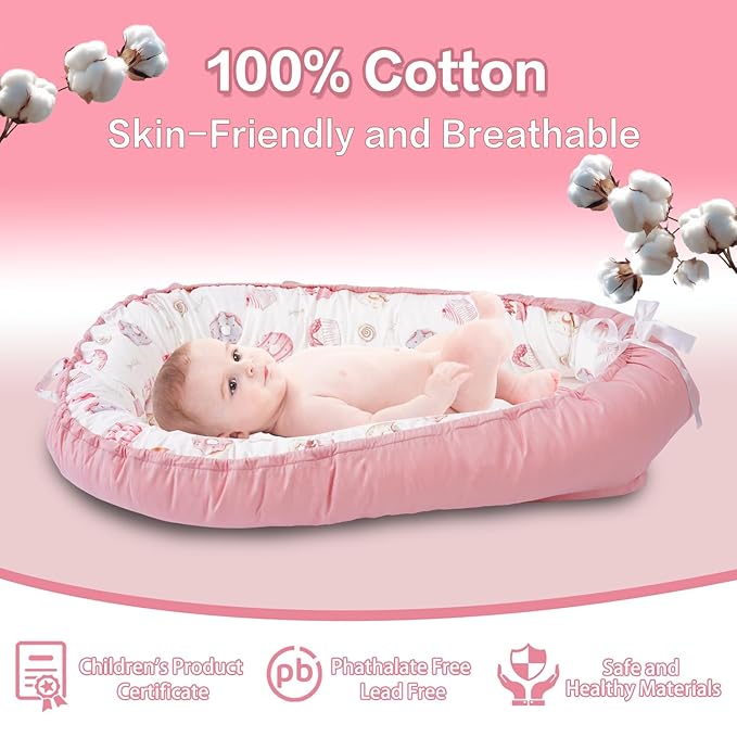 Baby Lounger - Infant Lounger for Newborn 0-24 Months, Breathable & Soft Baby Lounger Cover, Portable Infant Lounger for Home and Travel, Babies Essentials Gifts - Pink