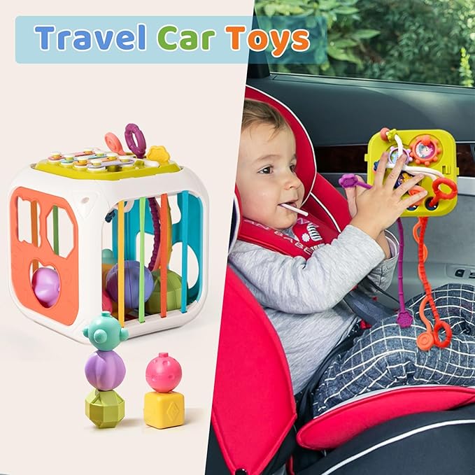 MINGKIDS 7 in1 Sensory Development Multifunctional Sensory Teething Toys for 1 2 Year Old Boy Girl,Shape Sorter Pull String Travel Car Toys for 12 Month