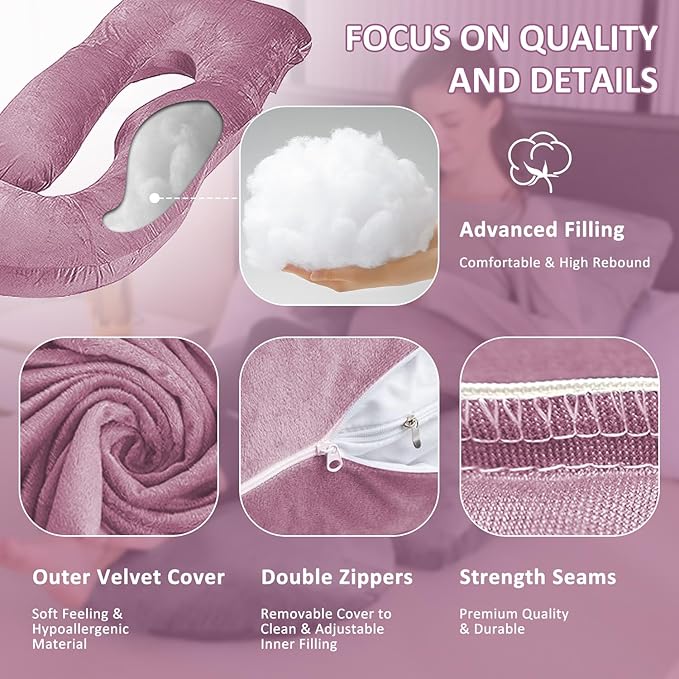 Chilling Home Pregnancy Pillows for Sleeping-U Shaped Full Body Pillow Maternity Pillow 58 inch-Pregnant Women Must Have with Removable Cover, Pink