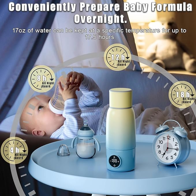Portable Bottle Warmer, Travel Formula Milk Warmer for Baby, 17oz Water Warmer On The Go with 3min-Rapid-Heat Fast Charge Cordless Formula Warmer Temp Control Baby Travel Essential Xams Gift