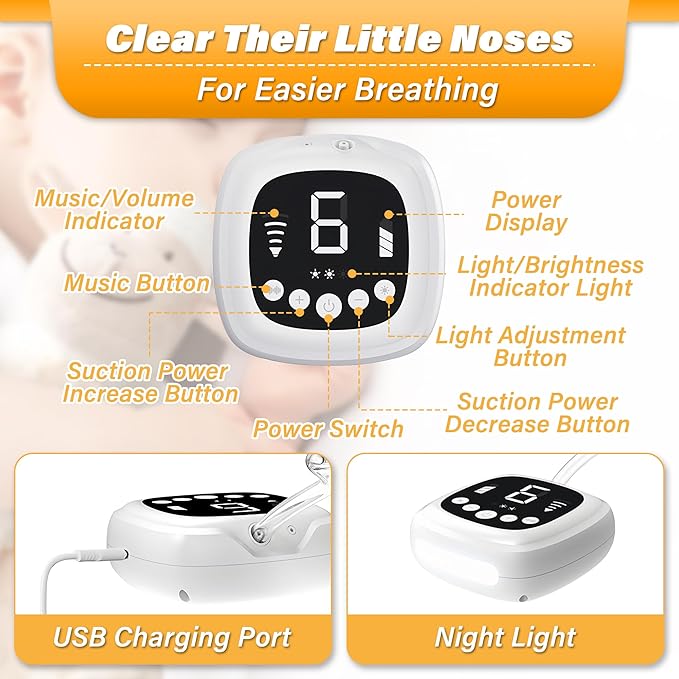 TopQuaFocus Electric Baby Nasal Aspirator, Nose Sucker for Toddler, 9 Levels Suction Power for Children's Nasal Cleans, Soothing Night Light and Nursery Rhyme, 5 Silicone Tips