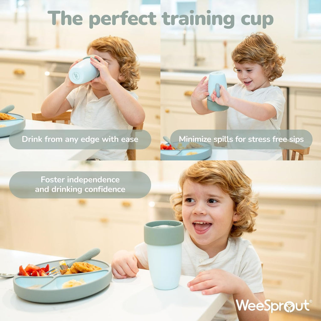 WeeSprout Baby Training Cup - Silicone Sippy Cup with Removable Handles for Weaning Off Bottle - Transition Spill-Proof Toddler Cups - No-Spill Design (Pink/Purple/Light Gray)