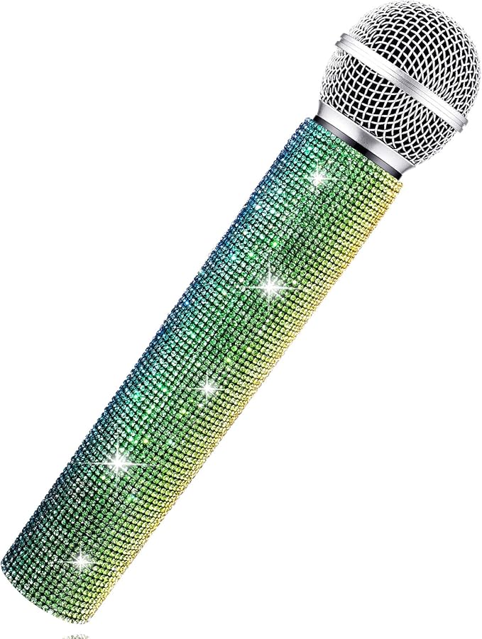 Sanwuta Fake Microphone Prop Sparkly Bling Rhinestones Plastic Play Microphone Pretend Glitter Bedazzled Mic for Cosplay Party Costume(Gradient)