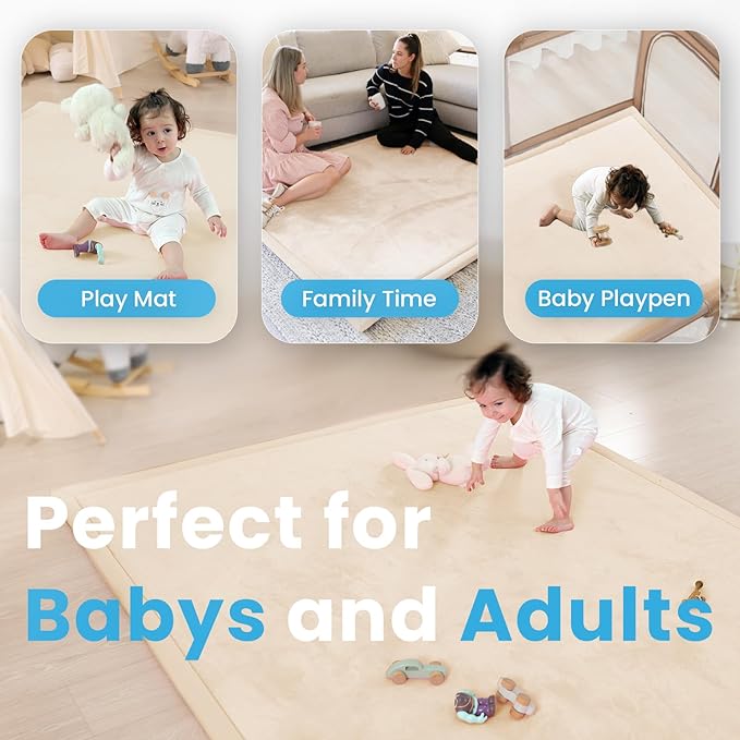 1.3" Thick Baby Play Mat for Floor, 79x79 Large Foam Tummy Time Mat, Padded Support Soft Plush Nursery Rug for Infant Kids Toddler Crawling Kick Activity (Beige)