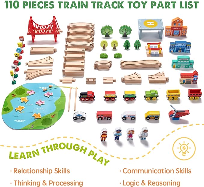 Tiny Land 110PCS Wooden Train Set – Toy Train with Tracks for Kids Ages 3-7, Compatible with Major Brands, Ideal Railway Playset for Boys and Girls, Great Birthday