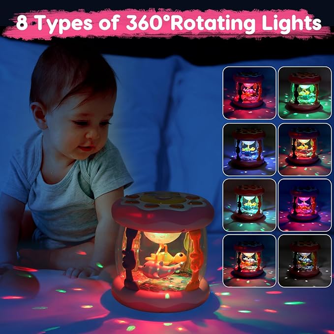 Baby Musical Light Up Toys 0-6 Months Tummy Time Ocean Projector Rotating Infant 0-3 4 5 6 7 8 9 Months Baby Aquarium Crawling Pink Toys Babies 6-12 Month Girls 1 2 Year Old Birthday Newborn Gifts