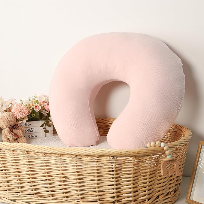 Baby Nursing Pillow Cover, Removeable Breastfeeding Pillow Slipcover, Muslin Nursing Pillow Case for Newborn Boys Girls, Soft Fabric Fits Snug On Infant, Washable & Breathable, Pink (Cover Only)