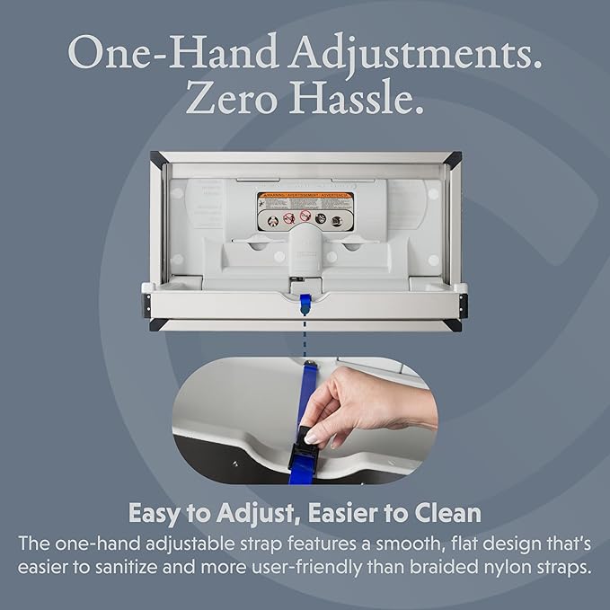 Foundations Horizontal Baby Diaper Changing Station Wall Mounted, Stainless Steel Shell with Polyethylene Changing Table, Adjustable Safety Belt (100SSC-SM)