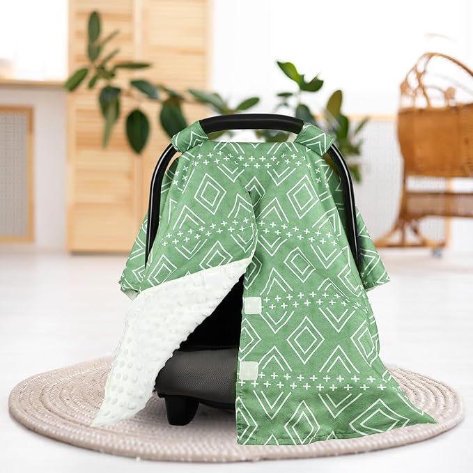 TANOFAR Baby Carseat Canopy, Peekaboo Opening Car Seat Canopy for Babies, Soft and Breathable Infant Carrier Canopy, Multi-use Baby Carrier, Stroller, Nursing Cover, Minky Blanket, Green