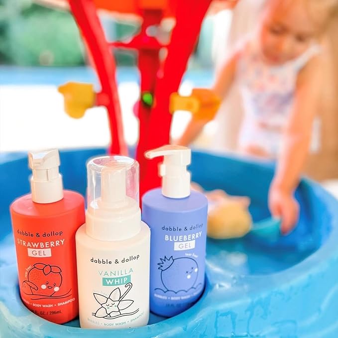 Dabble & Dollop USA Bundle, 3-in-1 Natural Bubble Bath, Body Wash & Shampoo for Kids, Paraben & Sulfate Free, Vegan, Tear-Free, Strawberry, Vanilla & Blueberry (Set of 3)