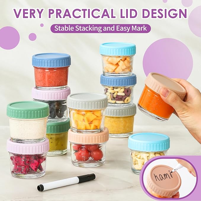 DRKIO 12 Pack Glass Baby Food Storage Containers - 4 Oz Baby Food Jars with Lids Baby Food Maker Microwave Dishwasher Freezer Safe 100% Leak Proof BPA Free Reusable