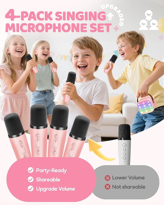 YLL Mini Karaoke Machine for Kids Adults: Portable Loud Speaker with 4 Wireless Microphones -Most Popular Birthday Party Gifts for Girls Boys 3, 4, 5, 6, 7, 8, 9, 10+ Year Old Toys (Pink-4 Mics)