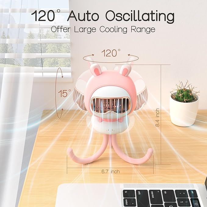 Cute Bunny Stroller Fan Clip On for Baby, Bladeless Fan 4000mAh Rechargeable Battery Operated, Flexible Tripod, 4 Speeds, Auto Oscillating, Small Cooling Fan for Kids