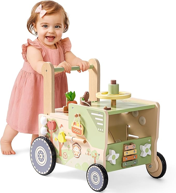 ROBUD Wooden Baby Walker, Baby Push Walker for 10+ Months, Montessori Push Toy, Adjustable Speed & Height Learning Toy with Activity Panel (Rustic Farm Adventure Theme)