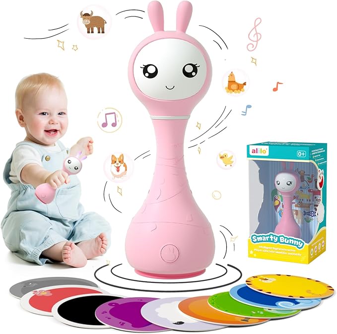 alilo Smarty Bunny Baby Rattle Musical Light Up Toys, Infants Newborns Baby Toys 0-3-6-12-18-24 Months,1 Year Old Boy Girl Gifts, 4 Music Modes and Color Recognition Function with 9 Color Card