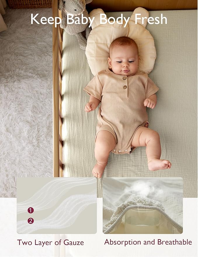 Momcozy Muslin Mini Crib Sheets Fitted - 38''x26'' Pack and Play Sheets for Pack N Play Mattress, 2 Pack Soft & Breathable Natural Cotton Non Slip Bed Cover for Boys, Girls, Grey Green