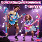 Kids Guitar and Microphone Set, Microphone with Stand and Color Light, Toy Guitar with Strap and Adjustable Volume, Toddler Musical Instrument for 5-9, Kids Karaoke Machine for Boy Girls (Pink)