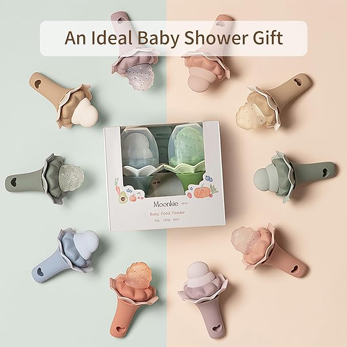 Moonkie Baby Fruit Feeder, BPA Free Silicone Food Feeder for Infant Self Feeding, Mesh Feeder with Two Pouches, Baby Shower Gifts 4 Months+, 2 Pack