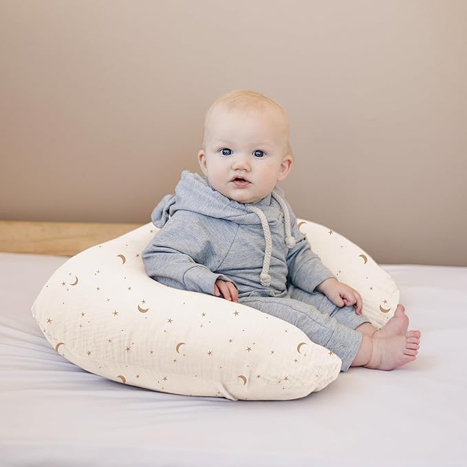 Konssy 2-Pack Muslin Nursing Pillow Covers, Soft & Adorable Nursing Covers for Breastfeeding Pillows, Slipcovers for Newborn Boys & Girls(Coffee Check,Moon)