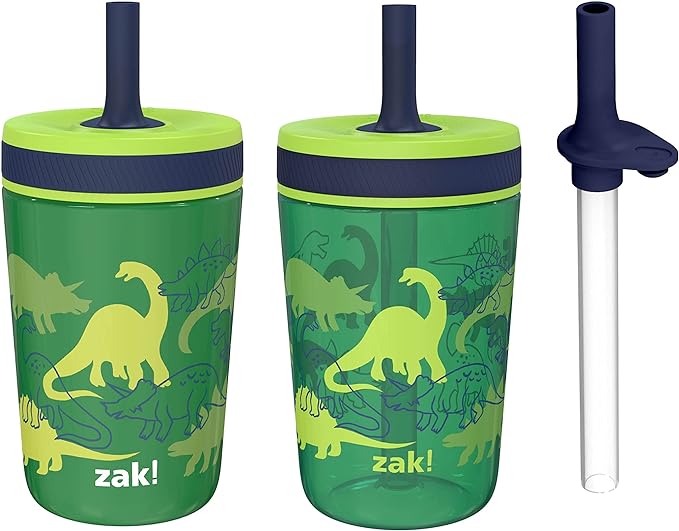 Zak Designs Dino Camo Kelso Tumbler 3pc Set, Leak-Proof Screw-On Lid with Straw, Bundle for Kids Includes Plastic and Stainless Steel Cups with Additional Sipper, 15 fluid ounces