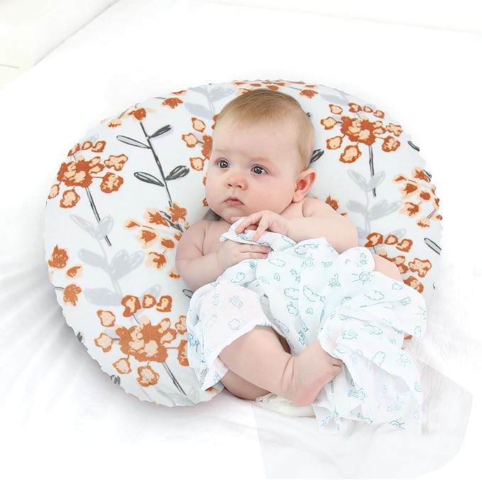 LAT Nursing Pillow for Breastfeeding with Removable Minky Cover,Ergonomic Breast Feeding Pillows for Mom and Baby,Machine Washable(Flowers+Orange)