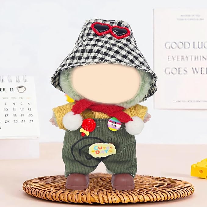 Doll Clothes Set for 17cm Dolls – Plaid Hat, Red Scarf, Yellow T-Shirt & Candy Bib Pants for 15 cm Mini Doll Stylish Outfits Accessories (No Doll & Shoes)