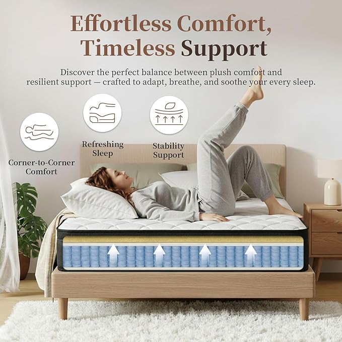 12 Inch Queen Mattress, Queen Size Memory Foam Mattress & Pocketed Coils, Medium Support for Pressure Relief & Motion Isolation, Fiberglass Free, Certified Safe Materials, Mattress in A Box