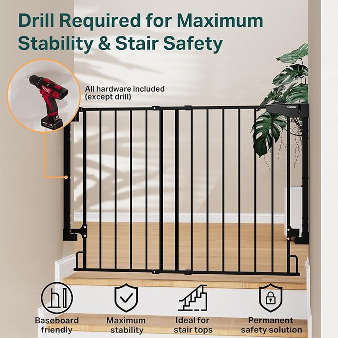 Cumbor 2 Pack 29.2-43" No Bottom Bar Baby Gate for Stairs, 2-in-1 Auto Close Dog Gate Indoor, Hardware Mounted Pet Gate for Doorways with Large Walk Thru Door, Child-Proof Safety Gate for Kids (Black)